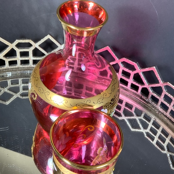 Czech Cranberry Tumble Up Bohemia Gold Guilt Applied Flowers Water Set #N1 - Picture 8 of 9